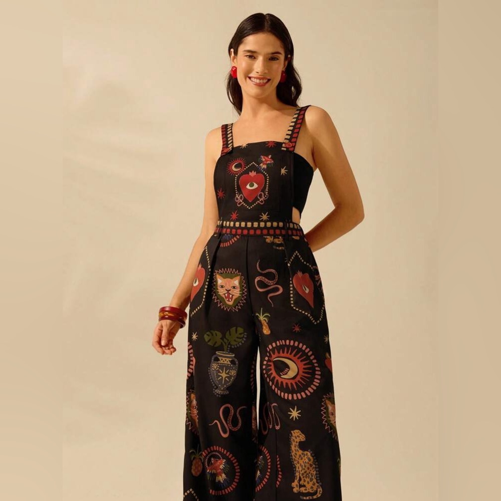 Cajuni Boho Leopard Devil's Eye Snake Bird Wide leg Jumpsuit Witchy SHEIN L - Picture 1 of 16